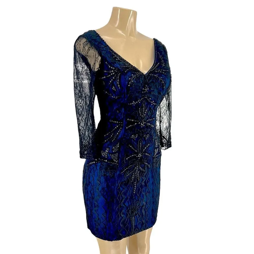 Sue Wong 3/4 SLEEVE V-NECK BEADED ROYAL BLUE & BLACK LACE COCKTAIL DRESS SIZE 4 - Picture 15 of 15